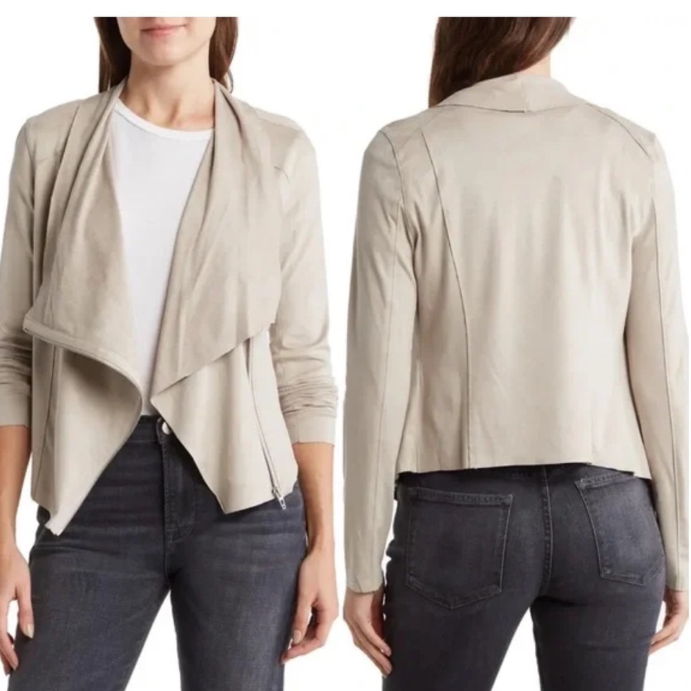 BLANKNYC Faux Suede Drape Front Jacket Tan cream waterfall